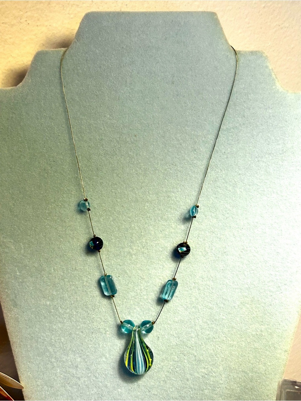 Teardrop Glass Pendant Necklace in Aqua Blue and green 16” spring ring clasp